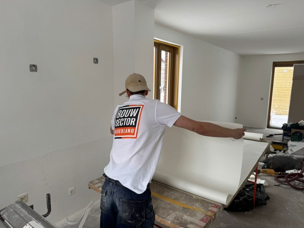 Behanger van Bouwsector Nederland houdt een baan renovlies boven de plaktafel in een nieuwbouwwoning