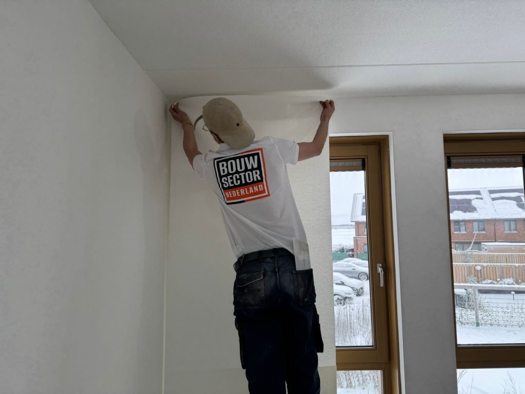 Vakman van Bouwsector Nederland zet een baan renovlies strak tegen het plafond naast twee ramen