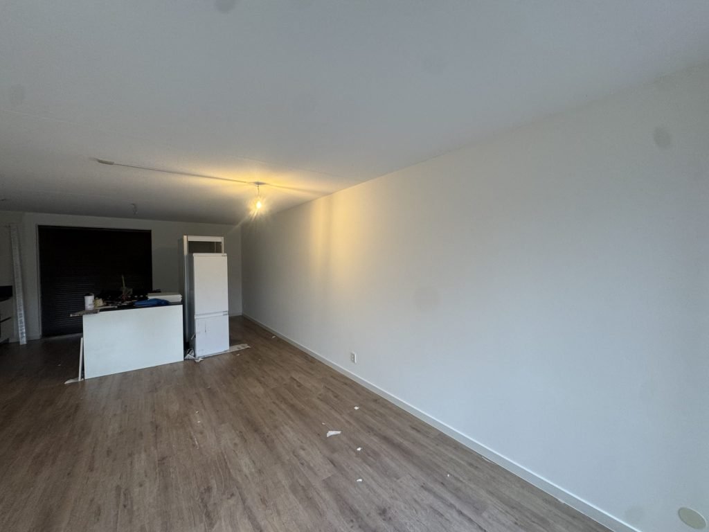 Woonkamer van een appartement met een lange witte wand, een laminaatvloer en een open keuken